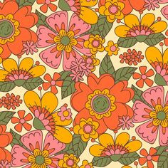 an orange and pink flower pattern with green leaves