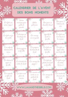 a pink and white calendar with snowflakes on it