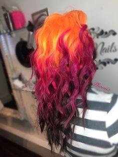 Yellow To Purple Hair, Red And Pink Two Tone Hair, Orange Roots Purple Hair, Reverse Sunset Hair, Purple To Orange Hair, Funky Fall Hair Color, Purple And Copper Hair, Phoenix Hair Color, Copper And Purple Hair