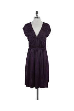 Current Boutique-Tory Burch - Mauve Silk Gathered Dress Sz S Casual V-neck Midi Dress With Gathered Neckline, Casual Midi Dress With Gathered V-neck, Purple Ruched Bodice Summer Dress, Purple Ruched Bodice Dress For Summer, Summer Purple Dress With Ruched Bodice, Mauve V-neck Midi Dress, Casual V-neck Dress With Gathered Neckline, Flowy V-neck Dress With Gathered Neckline, Fitted Viscose Dress With Gathered Waist