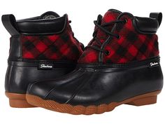 SKECHERS Pond - Good Plaid - Women's Shoes : Black/Red : Look and feel your best when you're walking with comfort and style with the SKECHERS Pond - Good Plaid booties. Textile and synthetic upper with textile lining and insole. Plaid inspired designed shaft. Lace-up closure with pull-on tabs. Round-toe silhouette. Synthetic and leather outsole. Imported. Measurements: Weight: 1 lb 1 oz Shaft: 6 in Product measurements were taken using size 9, width B - Medium. Please note that measurements may Ankle-high Hiking Boots With Rubber Sole For Walking, Medium Width Ankle-high Outdoor Boots, Plaid Duck Boots, Skechers Boots Woman Winter Discontinued, Black Waterproof Ankle-high Rain Boots, Black Shoes Women, Biker Boot, Black And Red, Plaid