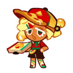 an image of a cartoon character with a pizza box in her hand and fireman hat on