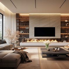 modern living room with fireplace and large screen tv