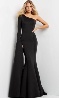 Jovani 07128 - Split Sleeve Cascade Evening Dress – Couture Candy Simple Evening Dress, Long Sleeve Evening Gowns, Lace Evening Gowns, Split Sleeve, Unique Prom Dresses, One Shoulder Gown, Long Sleeve Gown, Mermaid Silhouette, Mermaid Skirt