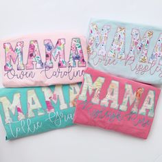 "This listing is for one floral applique \"mama\" Comfort Colors shirt personalized with kid's names Want a crewneck sweatshirt instead of a tee? Just add this listing to your purchase of the shirt to upgrade! https://tinyurl.com/6h3ufmhx > How to Order 1) From the first dropdown menu, select the sleeve length 2) From the second drop down menu, select the size needed 3) In the personalization box, enter the following information: - childrens names - the fabric you would like for the 'mama' ap Grandma Names, Bleached Tees, Cricket Ideas, Pink Names, Monogram Outfit, Mommy Outfits, Aunt Shirts, Monogram Shirts, Comfort Colors Sweatshirt