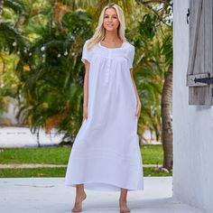 This soft 100 percent cotton poplin nightgown for women from Alexander Del Rossa is comfortable, durable, and classy. Made from a premium 100% cotton fabric, this women's vintage looking nightgown is breathable and easy on the skin. Designed with you in mind, this victorian nightgown is perfect for lounging around the house - even when guests are present. Cotton lace trimmed v-neck, pintucks with lace trim adorn the front yoke. Short sleeves are gathered to be slightly puffed and trimmed with la White Relaxed Fit Nightgown For Sleep, Vintage Night Dress, Cotton Nightgowns, Nightgown Short, Bedtime Outfit, Female Features, Victorian Nightgown, Vintage Night, Cotton Nightgown