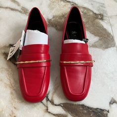 Nwt Zara Red Leather Loafers Size 5 Classic Red Flats For Work, Elegant Red Flats For Fall, Spring Loafers With Red Sole And Closed Toe, Spring Loafers With Red Sole, Flat Heel, Spring Loafers With Flat Heel And Red Sole, Classic Red Slip-on Flats, Spring Workwear Flats With Red Sole, Classic Red Flats For Fall, Casual Red Loafers For Office