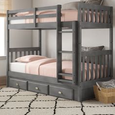 a gray bunk bed with drawers underneath it