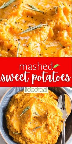 mashed sweet potatoes in a bowl with spoons on the side and title overlay