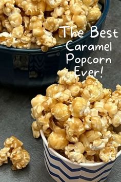 two bowls filled with caramel popcorn on top of a gray table next to another bowl full of caramel popcorn