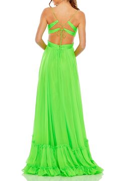 Frothy ruffles float at the hem of this vivid maxi designed with a ruched bodice and a strappy cutout back. 61" length Hidden back-zip closure; adjustable back tie closure V-neck Spaghetti straps Lined 100% polyester Spot clean Imported Lime Green Prom Dresses, Robe Fuchsia, Champagne Formal Dresses, Tiered Gown, Modest Formal Dresses, Light Blue Prom Dress, Red Sequin Dress, Navy Blue Bridesmaid Dresses, Blue Sequin Dress