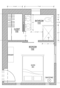 the floor plan for a bedroom and bathroom in one room, with an attached shower