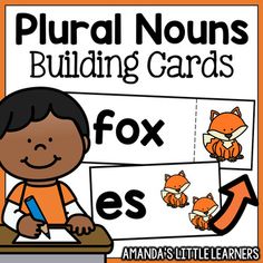 an orange and white poster with words that read,'purai nouns building cards