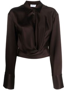 chocolate brown stretch-design satin finish draped detailing pointed flat collar front button fastening buttoned-cuff sleeves cropped Court Outfit, Pointed Flat Collar, Satin Shirts, Flat Collar, Brown Satin, Model Outfits, Cropped Shirt, Satin Shirt, Fashion Design Clothes