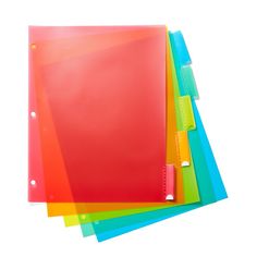 five colored folders stacked on top of each other