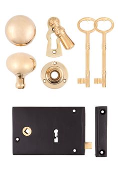 an assortment of door handles and knobs with keyed alike locks on white background