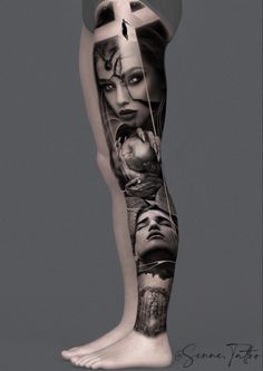 a woman's leg with tattoos and pictures on the legs, all in black and white