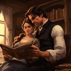 a painting of a man and woman reading a book