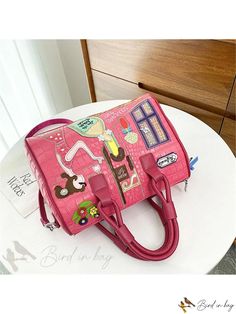 Bird in Bag - Geometric Pattern PU Leather Tote Bag Pink Crossbody Office Bag, Trendy Rectangular Satchel For Errands, Trendy Pink Satchel For Office, Trendy Pink Leather Satchel, Trendy Pink Office Satchel, Pink Square Bag With Zipper Closure, Trendy Travel Satchel Box Bag, Trendy Satchel Box Bag For Travel, Pink Top Handle Office Bag