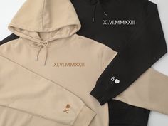 Stay cozy and stylish with our handmade Custom Embroidered Roman Numeral Hoodie. This hoodie is the perfect couples gift or engagement present, and it also makes a thoughtful 1st anniversary gift.  To order, simply select your hoodie size and color, choose your preferred thread color for the embroidery. Finally, enter the date that holds a special meaning to you into the personalization field. Don't worry about converting it to roman numerals - we'll take care of that for you.  If no thread color is chosen, we will default to either white or black thread.  The hoodie features professionally embroidered left chest and sleeve placements. The date on the left chest is beautifully converted to roman numerals. The sleeve can be personalized with an initial and a heart, which will be embroidered Customizable Hooded Hoodie As Gift, Customizable Hooded Hoodie For Gift, Hooded Fall Sweatshirt Gift, Fall Gift Hooded Sweatshirt, Fall Hooded Sweatshirt, Custom Embroidered Hoodie For Winter, Custom Embroidered Winter Hoodie, Winter Hoodie With Custom Embroidery, Hooded Winter Hoodie As Gift