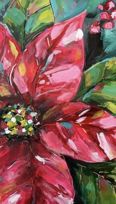 a painting of a red poinsettia with green leaves and flowers in the background