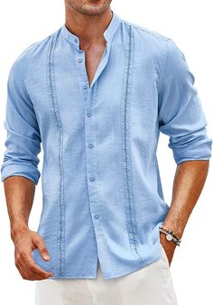 Fast Shipping Quality Product Great Support COOFANDY Men's Cuban Guayabera Shirts Linen Casual Long Sleeve Button Down Shirt Band Collar Summer Beach Tops Men's long sleeve beach shirts Imported Button closure Machine Wash Premium Fabric: This embroidered guayabera shirt for men is made of soft and lightweight fabric, comfortable and breathable, that stays cool and relax during summer wear and makes you comfort and handsome. Stylish Design: This Cuban Shirts Fearturing Long Sleeve, Button Down Closure, Band Collar, Vertical Pleats. High quality stitch. Nice front pattern. Clothing Match: Mens linen shirt could be easy to match with linen shorts/pants, casual pants or shorts to create a simple but fashionable style. These casual shirts are great either solo buttoned up or worn unbuttoned ov Winter Shirts For Men, Cuban Guayabera, Beach Tops Summer, Mens Beach Shirts, Cuban Shirts, Hippie Top, Guayabera Shirt, Linen Shirt Men, Winter Shirts