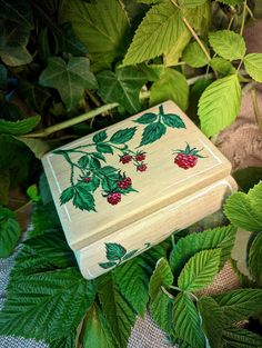 a wooden box sitting on top of green leaves