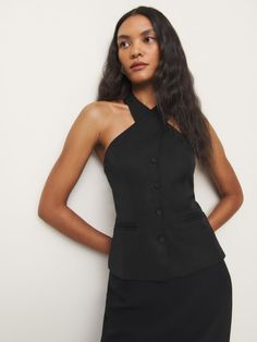 How classic. Shop the Tate Top from Reformation, a sleeveless top with a halter neckline and button front. Eucalyptus Trees, Work Wear Outfits, Suiting Fabric, Vintage Inspired Dresses, Fine Linen, Dressy Tops, Inspired Dress, Outerwear Sweater, Linen Top