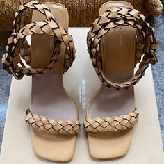 Brand New / Never Worn Michael Kors Collection Pippa Woven Leather Sandal In Wheat (Size It 41). Includes Box, Dust Bag, And All Original Packaging. Woven Leather Block Heels, Leather Sandals With Woven Detail And Block Heel, Woven Leather Sandals With Block Heel, Luxury Brown Woven Leather Heels, Open Toe Woven Leather Heels, Designer Woven Leather Heels, Chic Ankle Strap Heels With Woven Leather, Beige Leather Sandals With Woven Detail, Beige Leather Sandals With Wrapped Heel