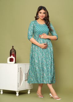 Item Description :-  ideal For Women  1.Fabric : Cotton  2.Set : Anarkali Kurti   3.Pattern : Printed  and zippers both side  4.Sleeves : 3/4 Sleeve  5.Color :As shown (rama green)  6.Work and Design : Gotta work  7.Fit Type : Regular Fit  8.Size: M, L, XL, XXL  9.Length Type :-Calf Length (48-49cm)  10. Occasion:-Festive & Party   11. Type:- Anarkali 12.Style:- Anarkali Maternity Wear   13.Neck:-Round Neck Number of Contents in Sales Package Pack of 1 ANUOM ethnic kurti A- Line for women casual Fitted Cotton Maternity Dress, Blue Cotton Maternity Dress, Green Nursing Friendly Maternity Dress, Green Nursing-friendly Maternity Dress, Nursing-friendly Green Maternity Dress, Feeding Tops, Feeding Dresses, Ethnic Kurti, Pregnancy Dress