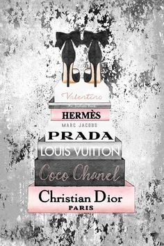 a stack of books with high heels on top and the words prada, louis vuitton, coco chanel, christian dior paris