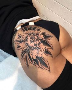 Side Leg Piece Tattoo, Hip To Hip Tattoos Women, Back Of Thigh Tattoos Women Unique, Flower Elbow Tattoos For Women, Tattoo Over Strechmark, Peony Leg Tattoo, Back Of Thigh Tattoo Women, Split Personality Tattoo