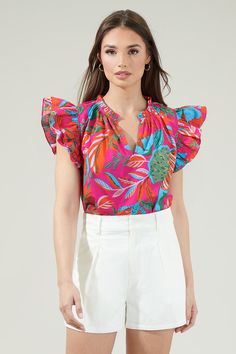 Cactus Blossom Risette Ruffle Cap Sleeve Split Neck Top Tropical Spring Tops, Fitted Tropical Tops For Spring, Pink Tropical Top For Spring, Chic Pink Tropical Print Top, Chic Pink Top With Tropical Print, Chic Pink Tops With Tropical Print, Tropical Printed Tops For Spring, Cactus Blossom, Vibrant Florals