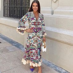 Midi Dress With Tied V-Neckline. Long Sleeves. Contrasting Ruffle Detail. 100% Polyester Multicolored 7832/016 #Fi Multicolor V-neck Boho Dress, Elegant Boho Dress With V-neck And Boho Print, Elegant V-neck Boho Dress With Print, Elegant V-neck Boho Dress With Boho Print, Bohemian Midi Length V-neck Dress For Brunch, Zara V-neck Maxi Dress For Brunch, Zara Bohemian Dress For Brunch, Multicolor V-neck Boho Dress For Brunch, Zara V-neck Midi Dress For Vacation