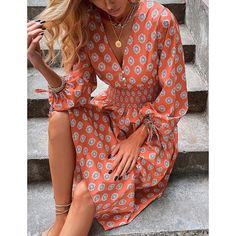 Orange V Neck Long Sleeve Print Midi Dress Casual Long Sleeve Maxi Dress For Brunch, Fall Casual Midi Dress With Surplice Neckline, Casual Maxi Dress With Surplice Neckline For Fall, Fall Dress With Surplice Neckline For Day Out, Fall Midi Dress With Surplice Neckline For Brunch, Mid-length Maxi Dress For Fall Brunch, Chic Midi Dress For Beach, Chic Midi Dress For Beach And Fall, Casual Midi Dress With Surplice Neckline For Spring