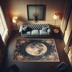 an overhead view of a living room with a moon rug on the floor