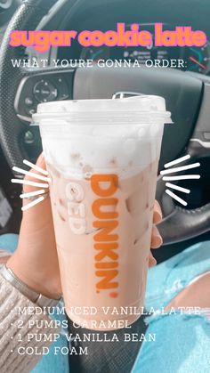 Dunkin Donuts coffee order sugar cookie latte medium vanilla iced latte, 2 pumps caramel, 1 pump vanilla bean, cold foam. Iced coffee order Dunkin Donuts Iced Coffee Fall, Hot Dunkin Donuts Drinks, Dunkin Latte Order, Dunkin Donuts Order, Diy Slushies