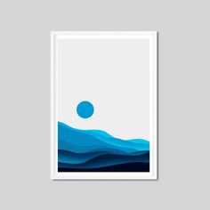 a poster with blue waves and a round dot on the water in front of it