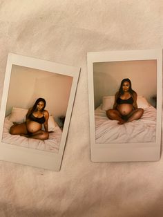 two polaroid photos of a woman sitting on a bed