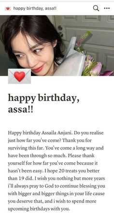 a woman holding a bouquet with the words happy birthday, assa on it's page