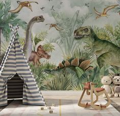 children's playroom with dinosaur wallpaper and teepee tent