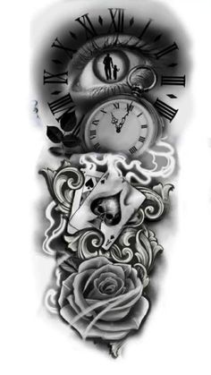 a tattoo design with an eye and clock on it