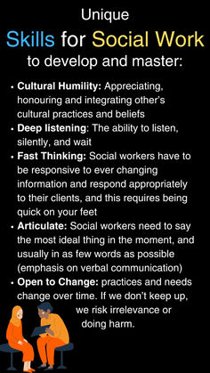 a poster with the words unique skills for social work to develop and master