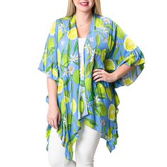 The one size Ruffle Kimono is a great addition to your swim and resort wear. Perfect length for great coverage, with ruffle trim detail along sides and fun prints. Fun sea life or bright florals are great for the pool, beach or over your favorite white jeans. Details & Care One Size 100% Viscose Hand wash. Hang dry. Imported Blue Summer Cover-up With Upf 50+, Beachy Printed Pool Cover-up, Casual Blue Cover-up With Upf 50+, Tropical Stretch Swimwear For Spring, Casual Ruffled Swimwear For Beach, Casual Ruffled Swimwear For Vacation, Summer Printed Pool Cover-up, Blue Lightweight Swimwear For The Beach, Lightweight Blue Swimwear For Beach