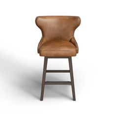 an upholstered bar stool with a leather seat and backrest, viewed from the front