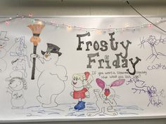 the frosty friday sign is hanging on the wall in front of children's drawings