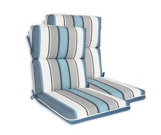 a blue and white striped chair cushion