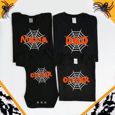 Personalised Matching Family Halloween T-shirts with Spider web Design and Casper Name on top Your family will love wearing these cute graphic matching Halloween t-shirts that feature and a spider's web with their name/title on top.  You can choose the size of the t-shirt for each member of the family and the colour of it. Start your Halloween tradition with these matching adorable t-shirts. You can wear them on an everyday basis, at a party or even as a tee for your pyjamas.  All our t-shirts and baby vest are: - made from 100% cotton - soft  - comfortable All items are handmade with love 💗💙 All our products are 100% designed, printed, cut, pressed and shipped to you from our studio based in Bristol, UK. They are made to order and can be customised as per your request. Please ensure you Family Matching Black Tops With Character Print, Black Family Matching Tops With Character Print, Family Matching Halloween Graphic Print Tops, Family Matching Halloween Tops With Graphic Print, Family Matching Black Tops For Halloween, Customizable Black Halloween Top, Halloween Traditions, Personalized Matches, Matching Halloween