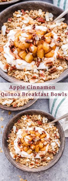 an apple cinnamon quinoa breakfast bowl with yogurt and granola on top