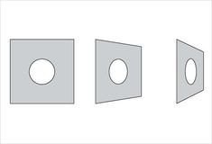 three square and round cutouts on a white background, each with one hole in the middle